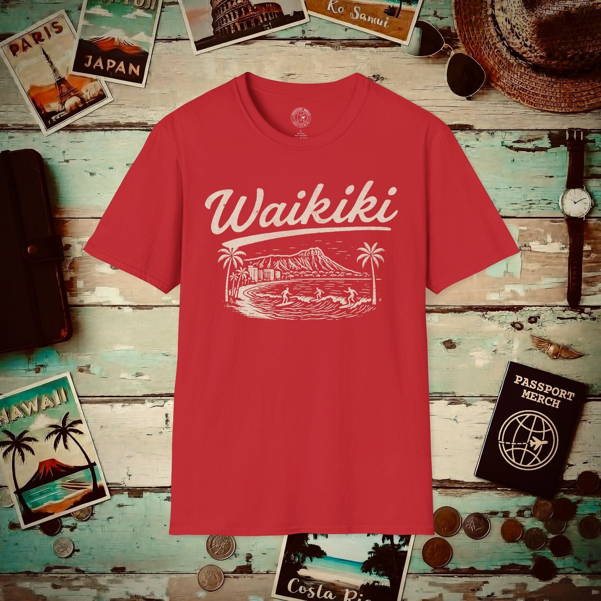 Monochrome Dreams of Waikiki, Hawaii T-Shirt Red / S