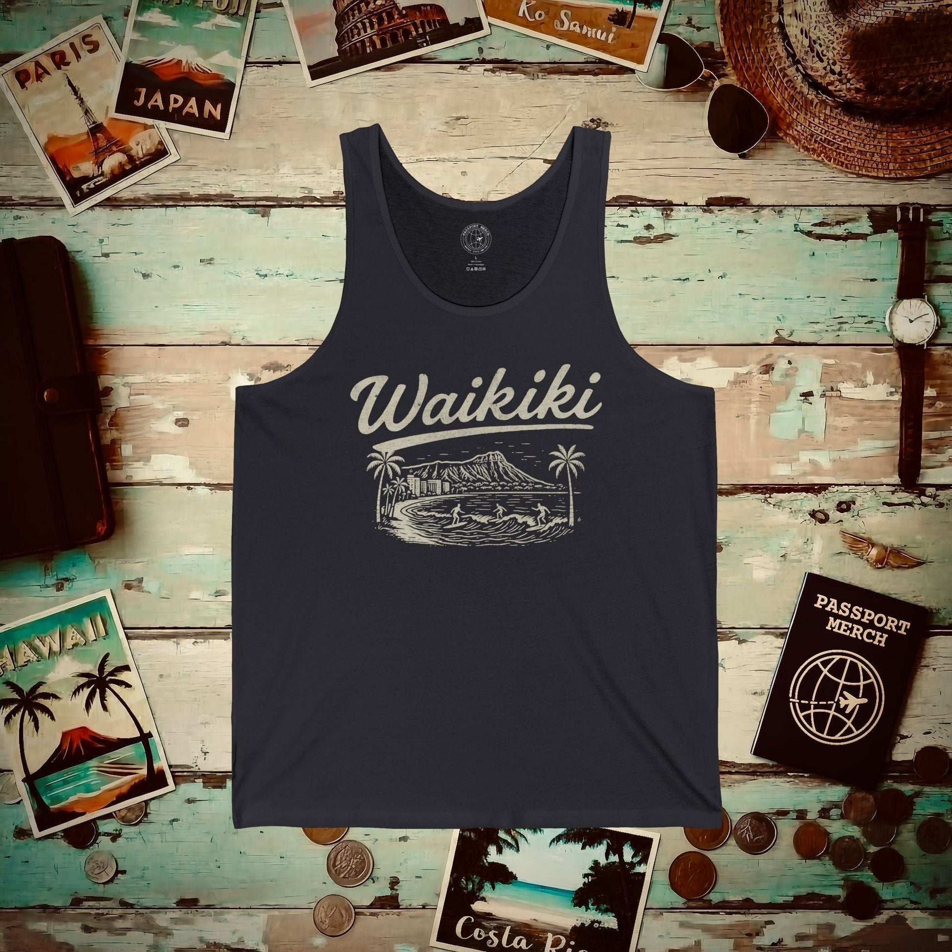 Monochrome Dreams of Waikiki, Hawaii Tank Top Dark Grey / XS