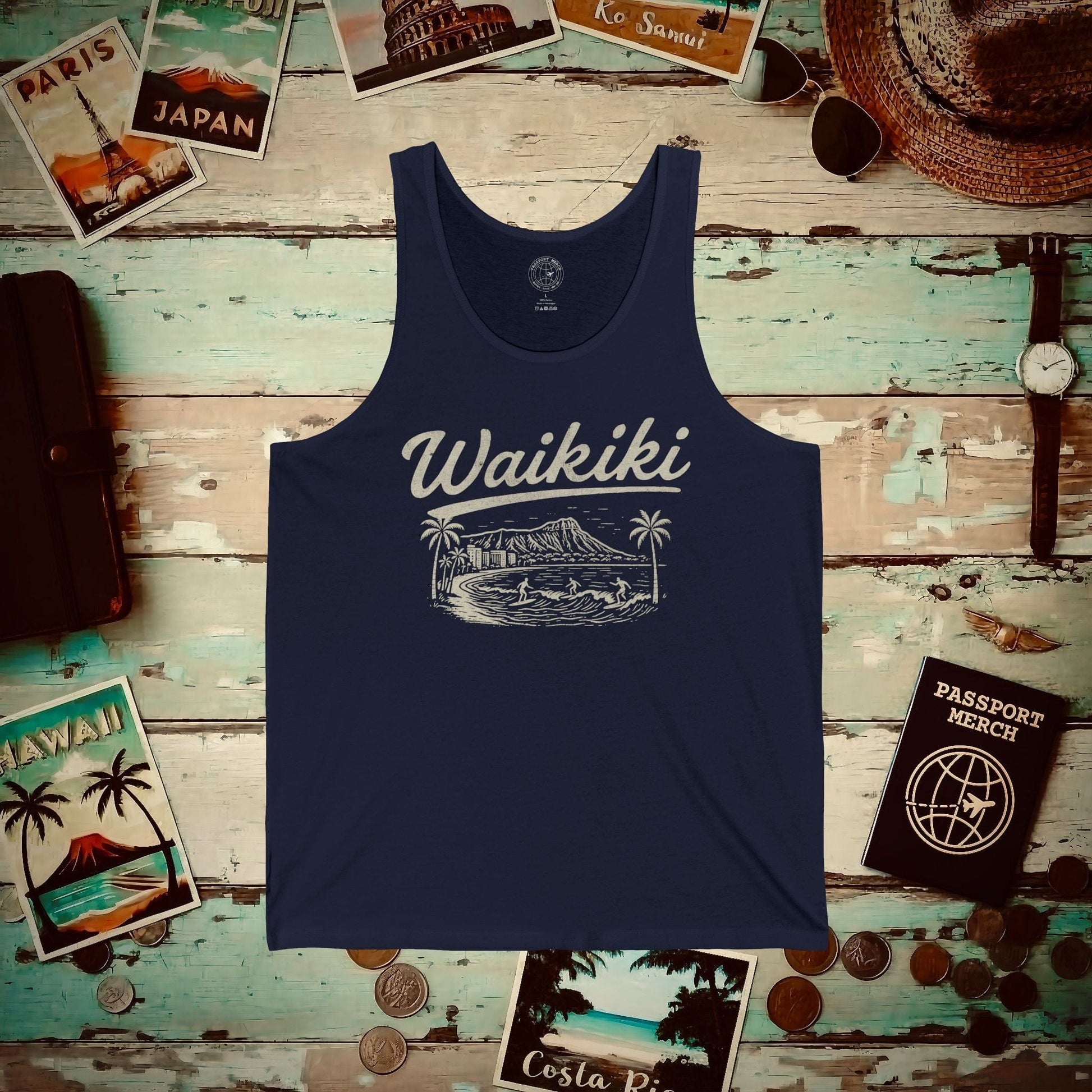 Monochrome Dreams of Waikiki, Hawaii Tank Top Navy / XS