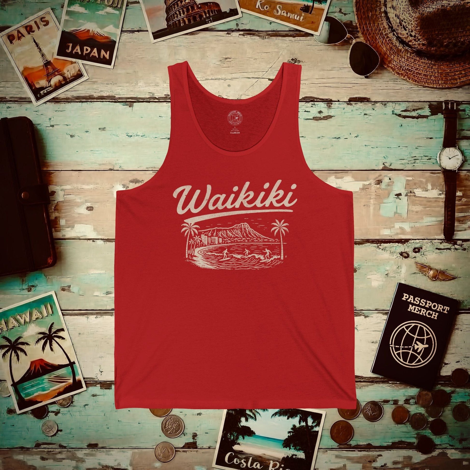 Monochrome Dreams of Waikiki, Hawaii Tank Top Red / XS