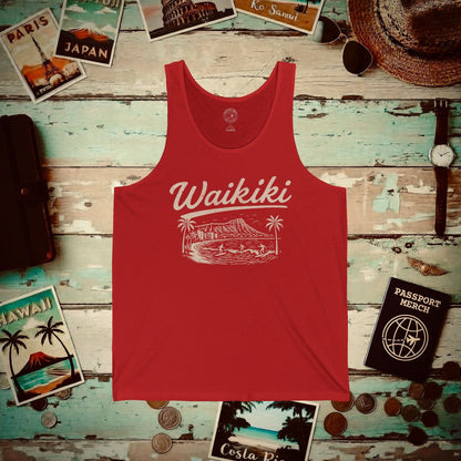 Monochrome Dreams of Waikiki, Hawaii Tank Top Red / XS