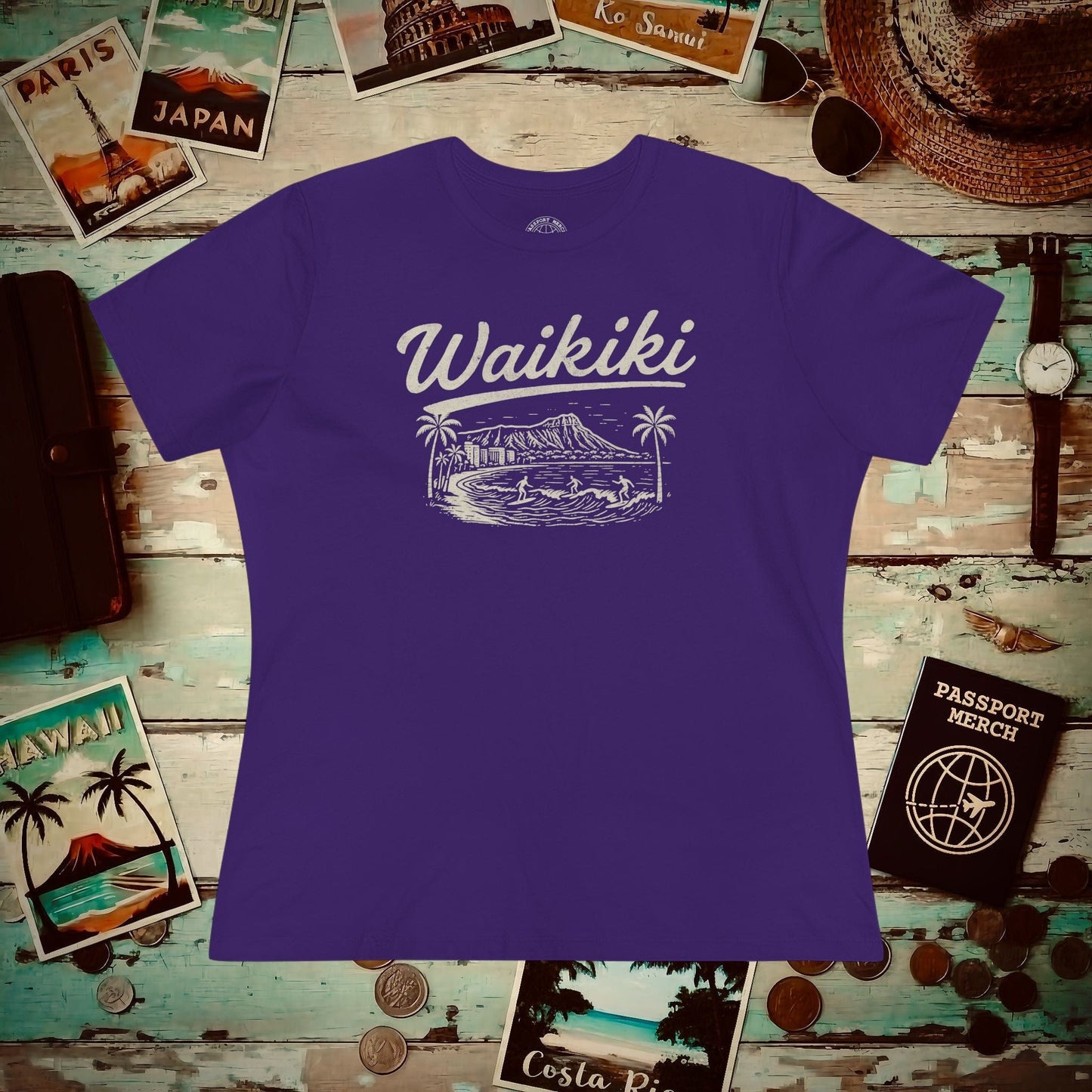 Monochrome Dreams of Waikiki, Hawaii, Womens Fit T-Shirt Team Purple / S