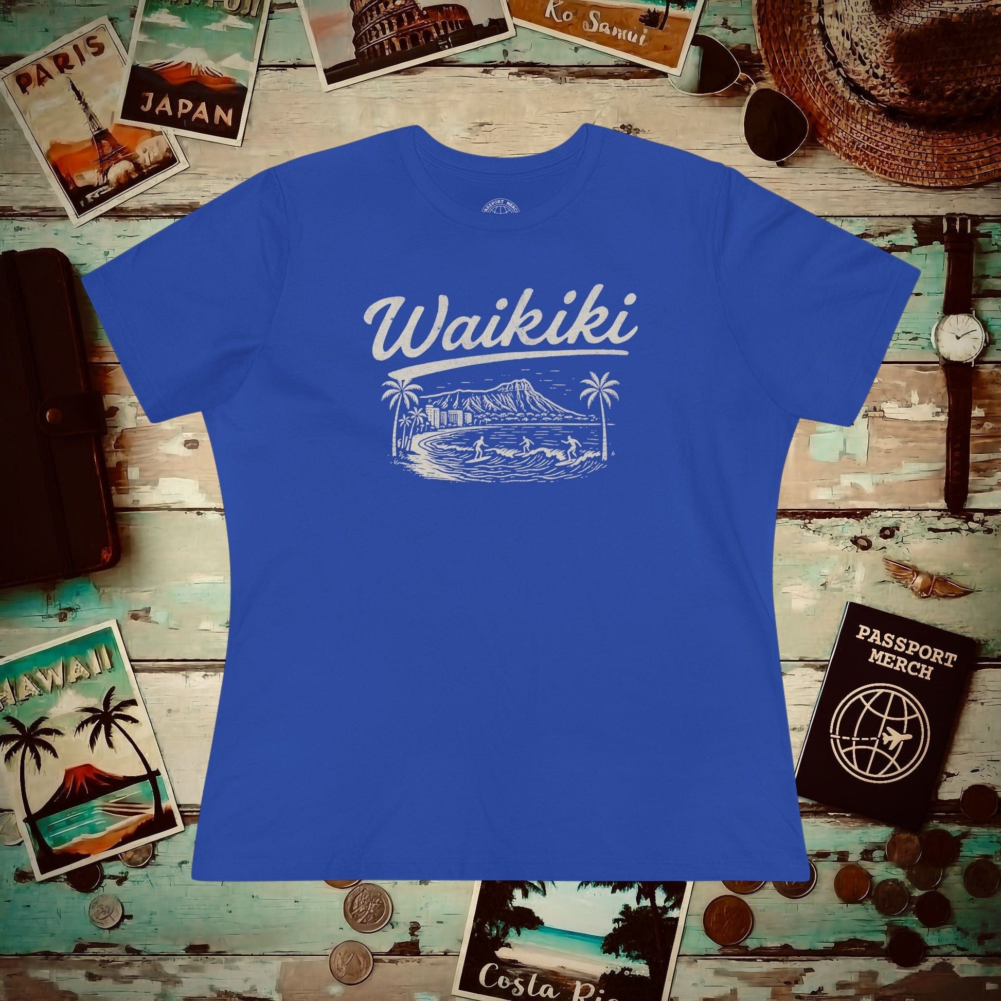 Monochrome Dreams of Waikiki, Hawaii, Womens Fit T-Shirt True Royal / S
