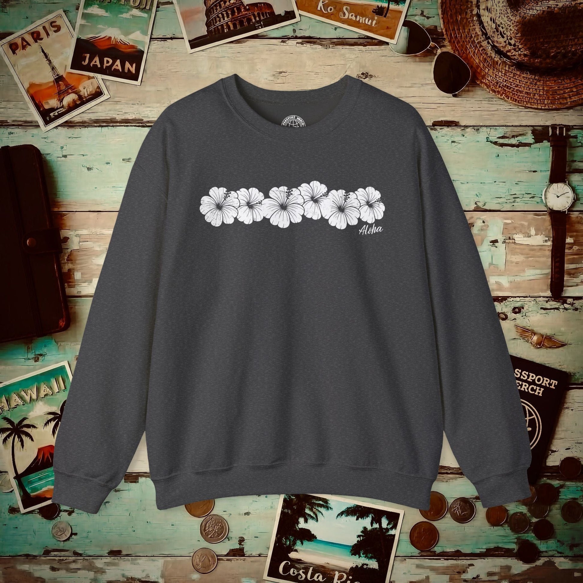 Monochrome Hibiscus, Hawaii Crewneck Dark Heather / S