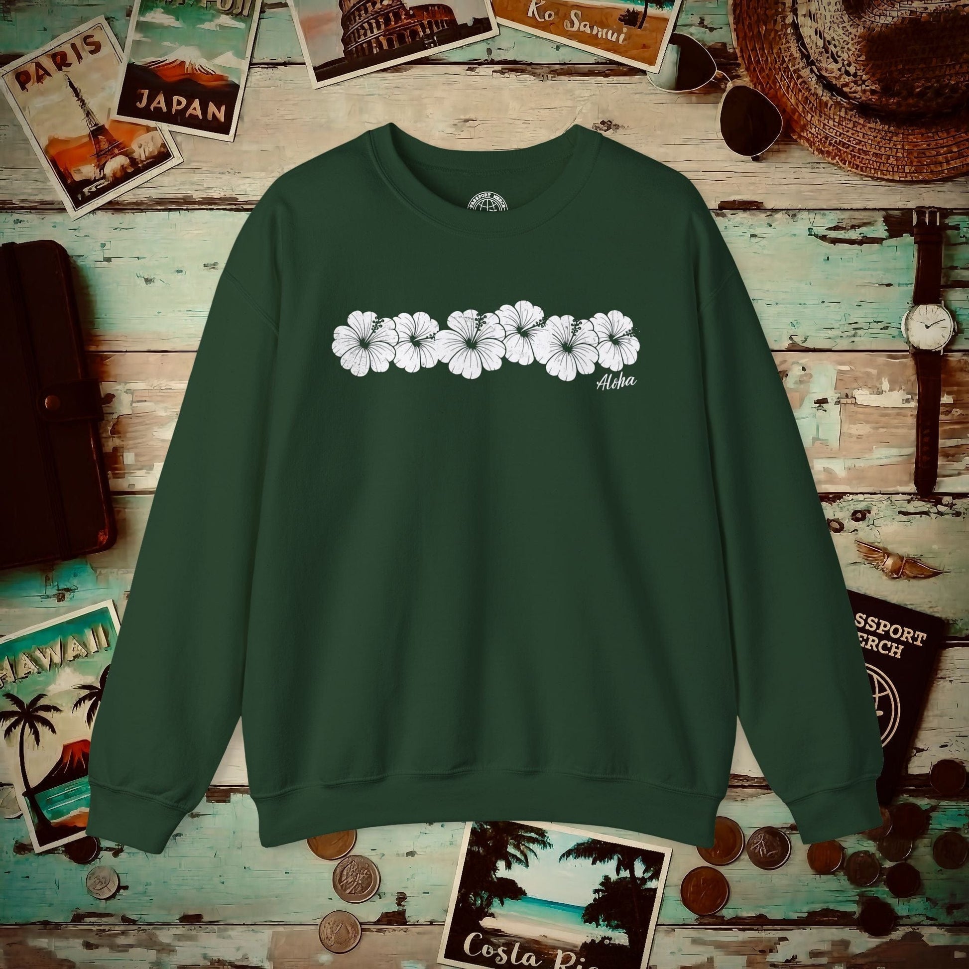 Monochrome Hibiscus, Hawaii Crewneck Forest Green / S