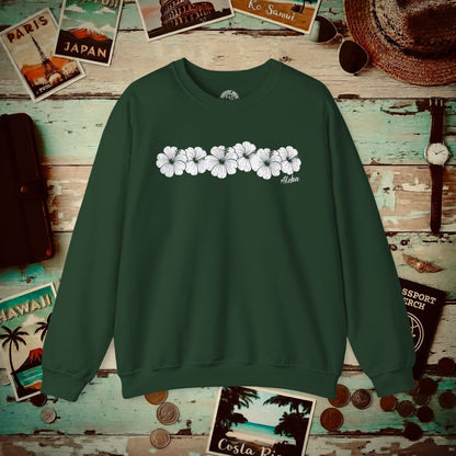 Monochrome Hibiscus, Hawaii Crewneck Forest Green / S