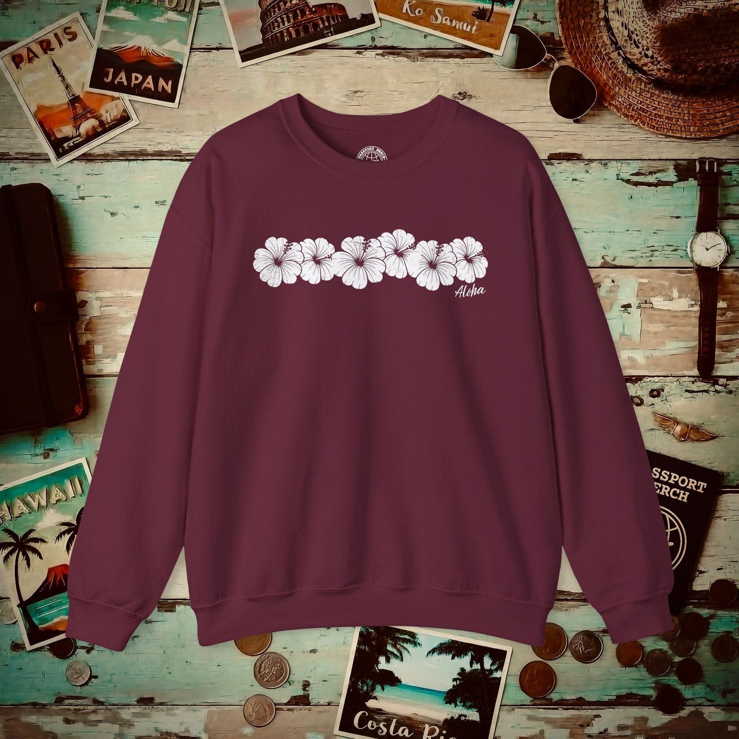Monochrome Hibiscus, Hawaii Crewneck Maroon / S