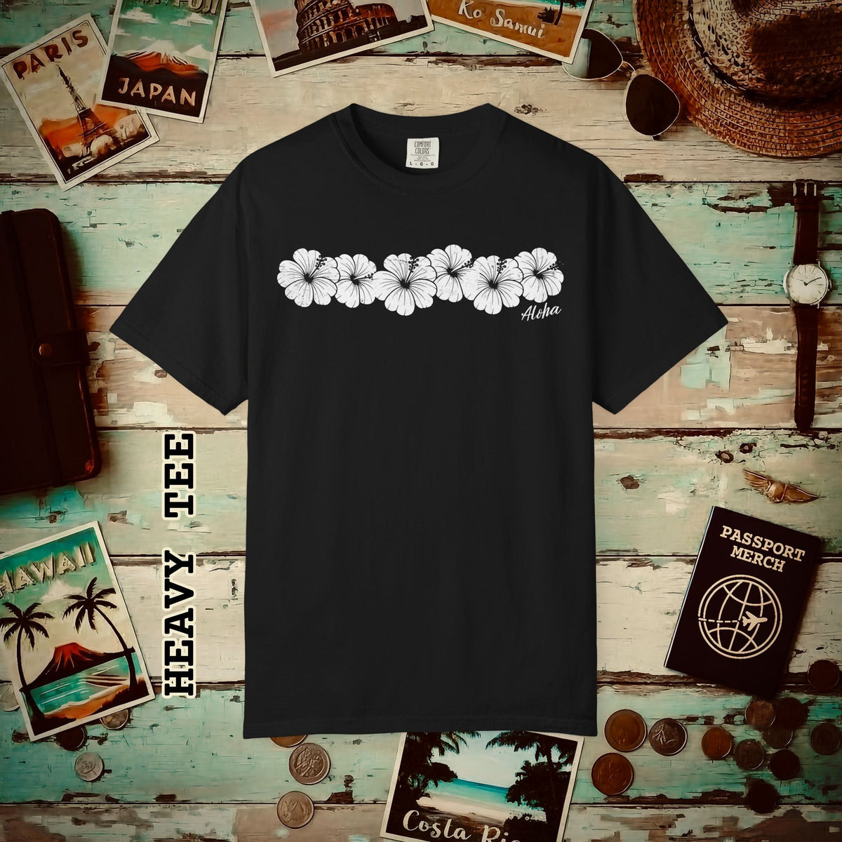 Monochrome Hibiscus, Hawaii Heavy Tee Black / S