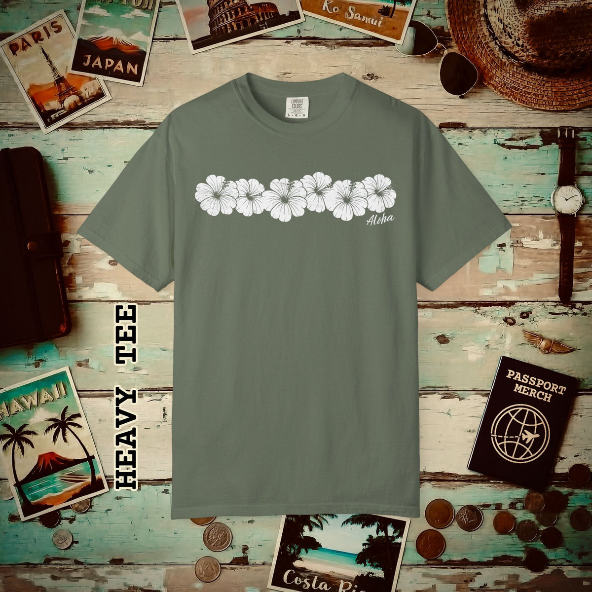 Monochrome Hibiscus, Hawaii Heavy Tee Moss / S