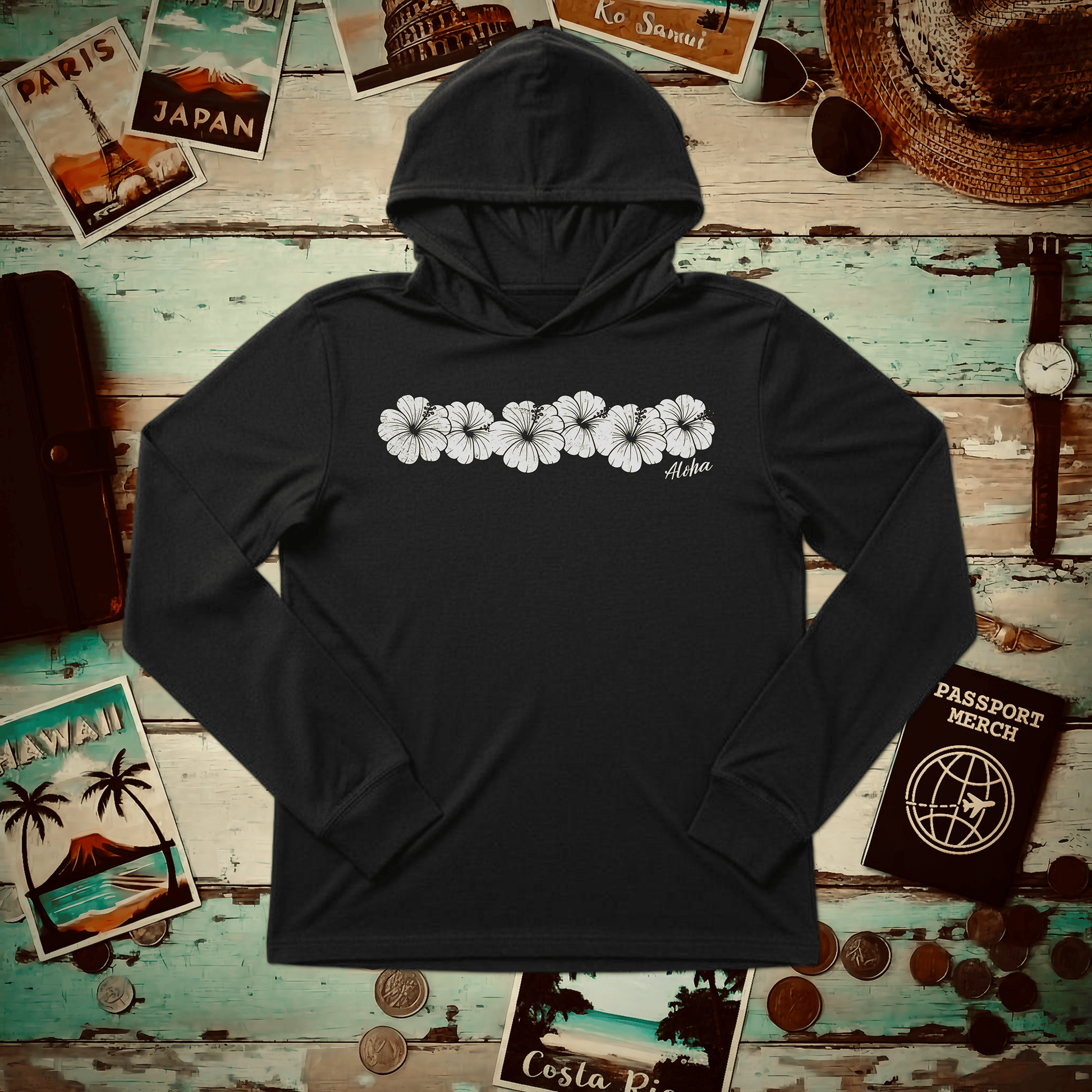 Monochrome Hibiscus, Hawaii Hooded Long Sleeve Black / S