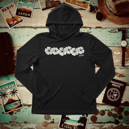 Monochrome Hibiscus, Hawaii Hooded Long Sleeve Black / S