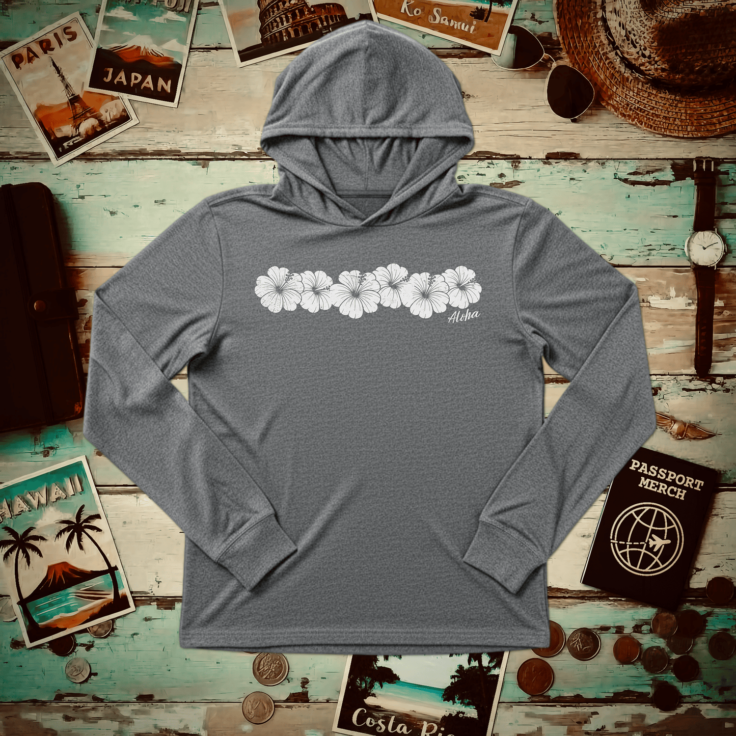 Monochrome Hibiscus, Hawaii Hooded Long Sleeve Grey TriBlend / XS