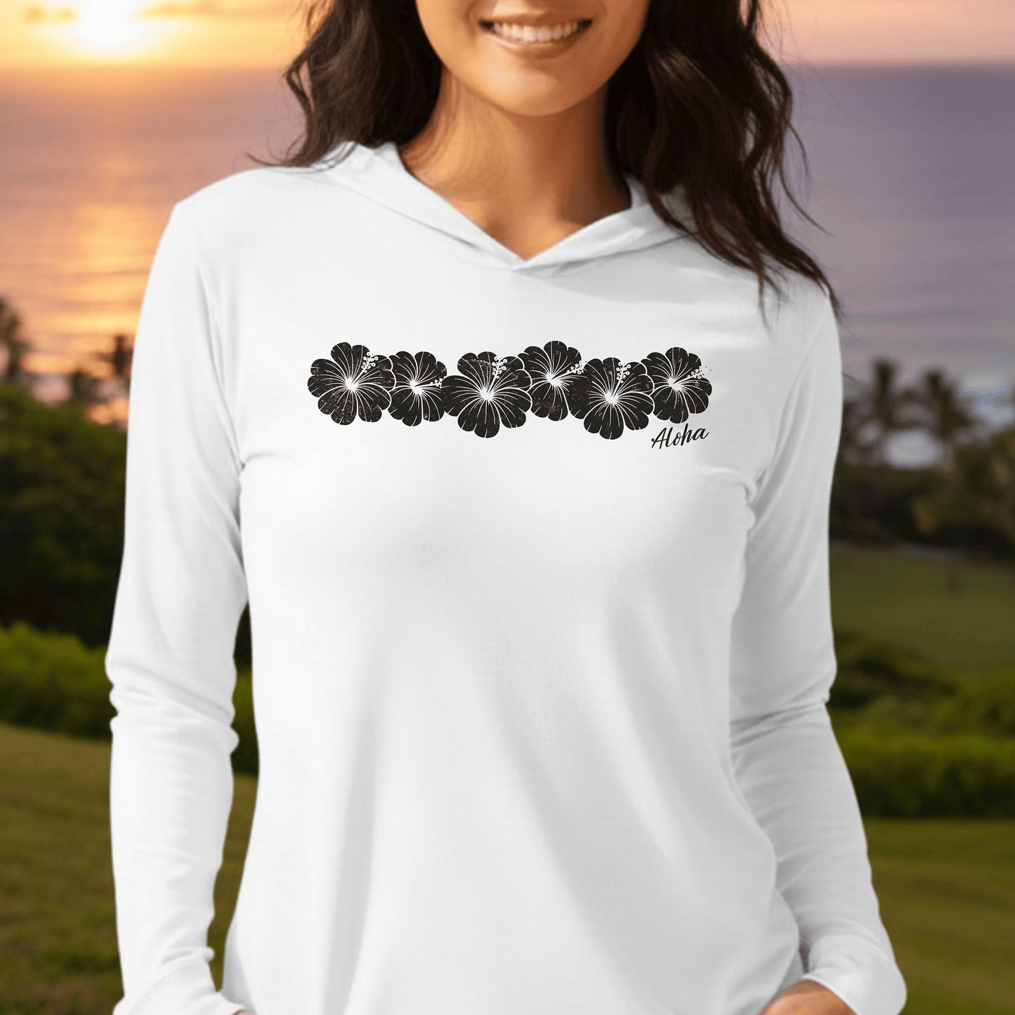 Monochrome Hibiscus, Hawaii Hooded Long Sleeve White / XS