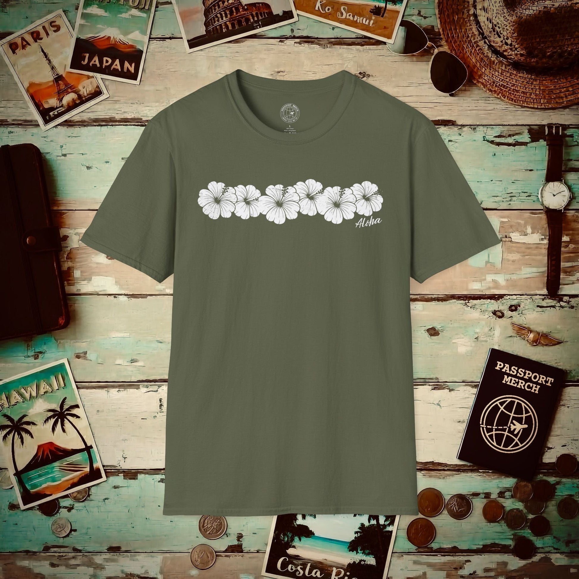 Monochrome Hibiscus, Hawaii T-Shirt Military Green / S