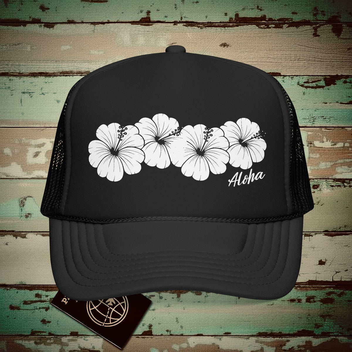Monochrome Hibiscus, Hawaii Trucker Hat Black / One size