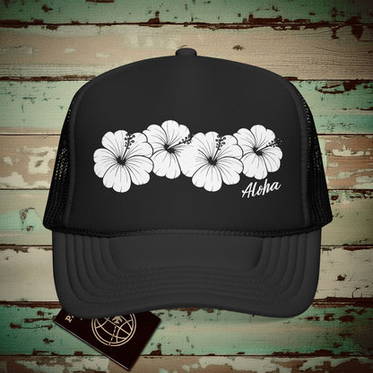 Monochrome Hibiscus, Hawaii Trucker Hat Black / One size