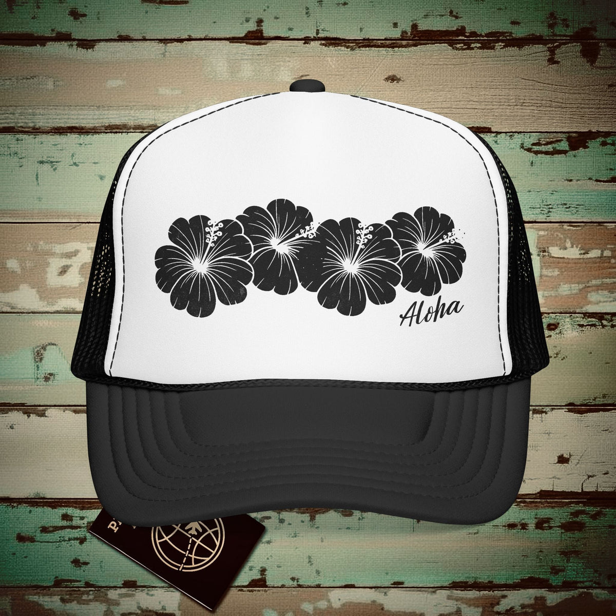Monochrome Hibiscus, Hawaii Trucker Hat Black/White / One size