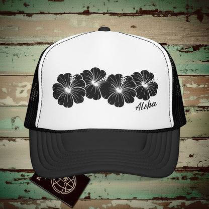 Monochrome Hibiscus, Hawaii Trucker Hat Black/White / One size