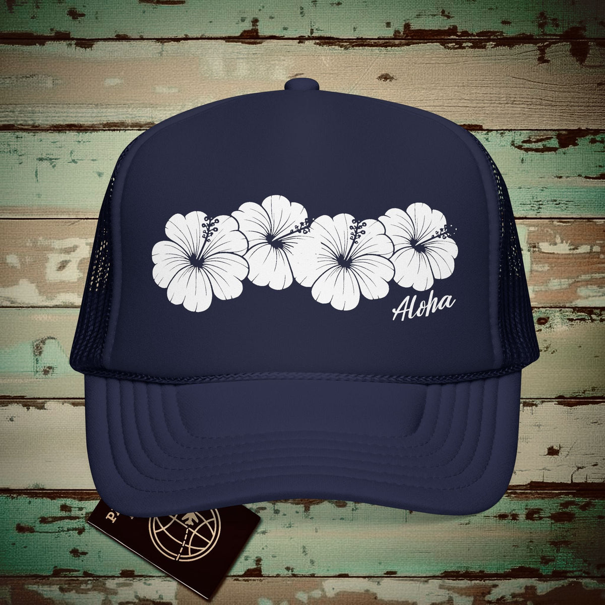 Monochrome Hibiscus, Hawaii Trucker Hat Dark Navy / One size