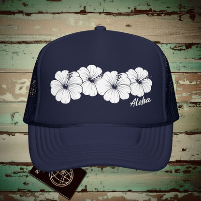 Monochrome Hibiscus, Hawaii Trucker Hat Dark Navy / One size