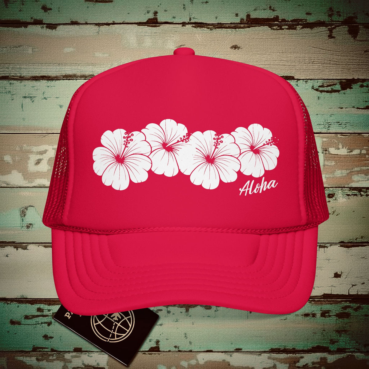 Monochrome Hibiscus, Hawaii Trucker Hat Red / One size