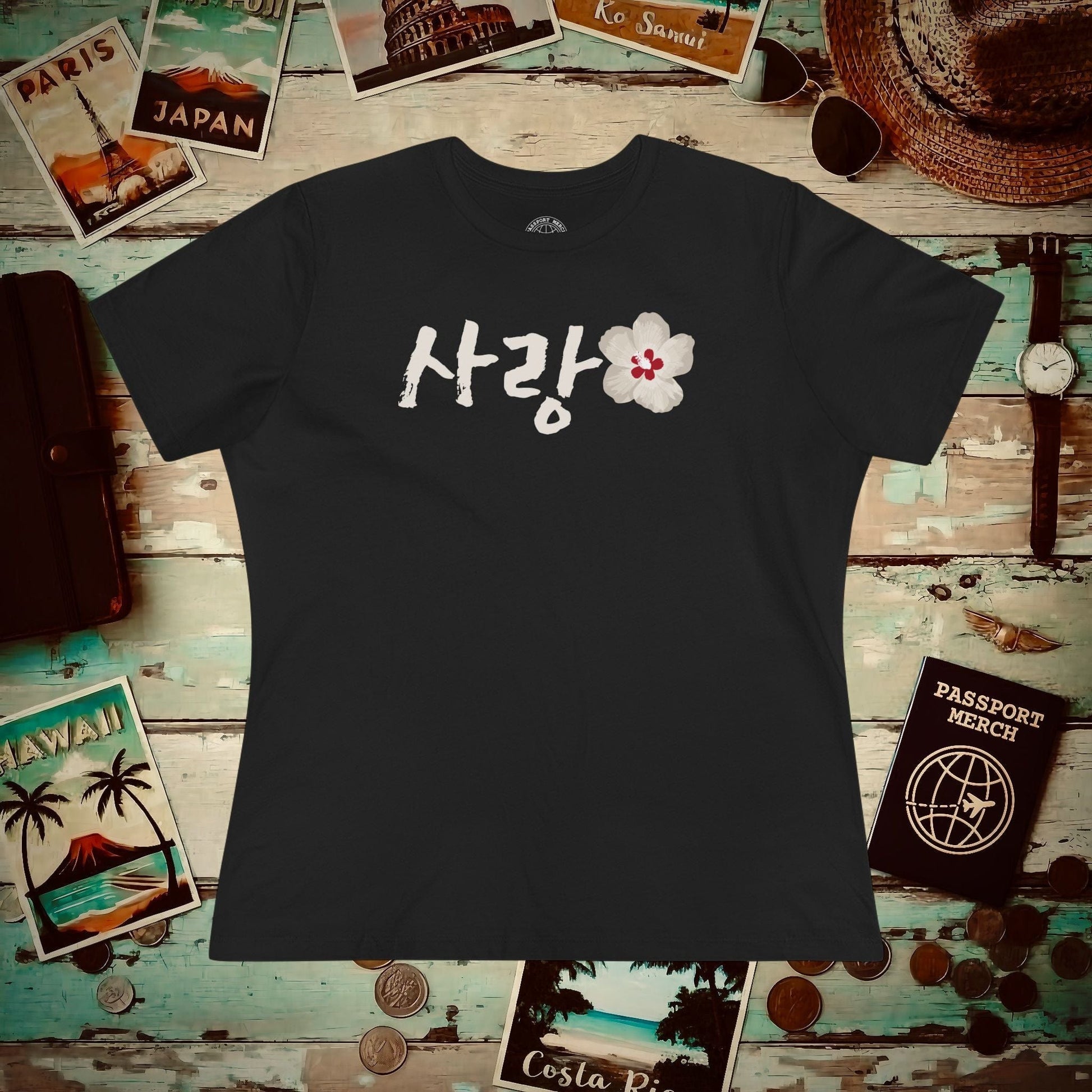 Monochrome Mugunghwa Sarang, Korea, Womens Fit T-Shirt Black / S