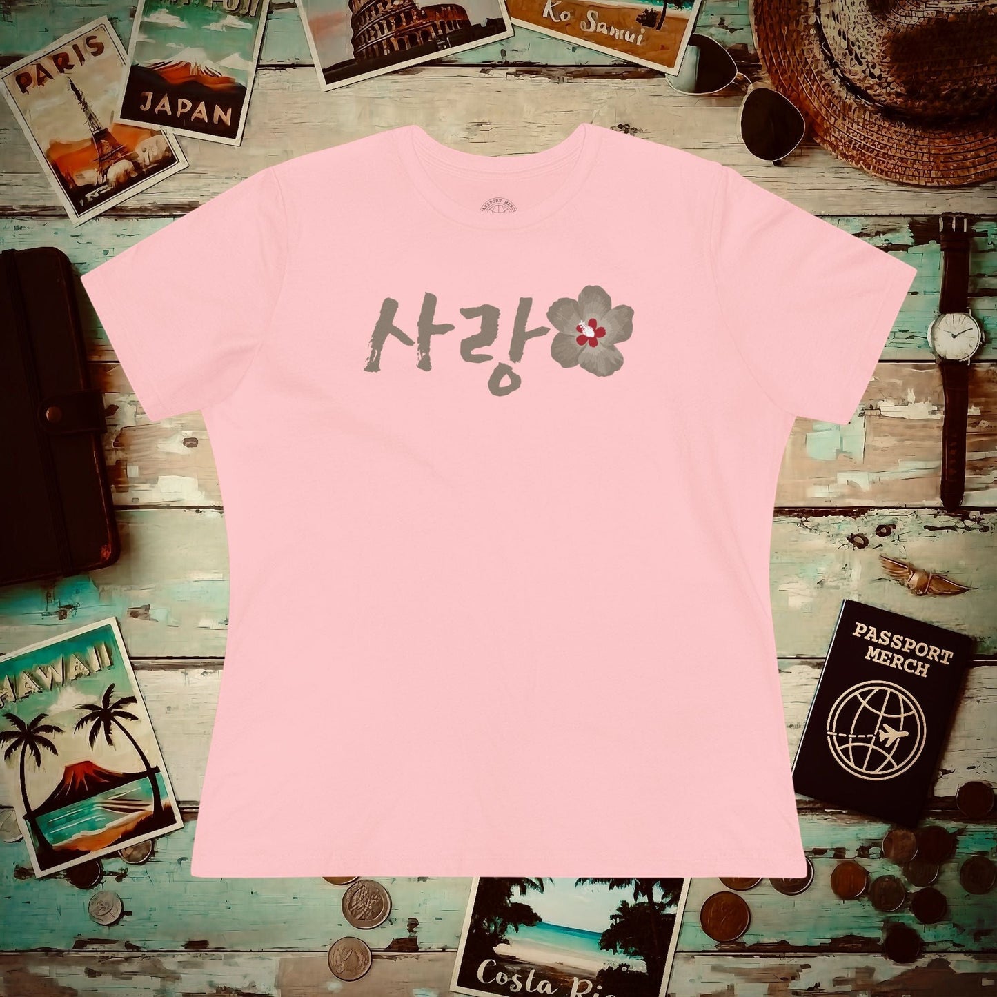 Monochrome Mugunghwa Sarang, Korea, Womens Fit T-Shirt Pink / S