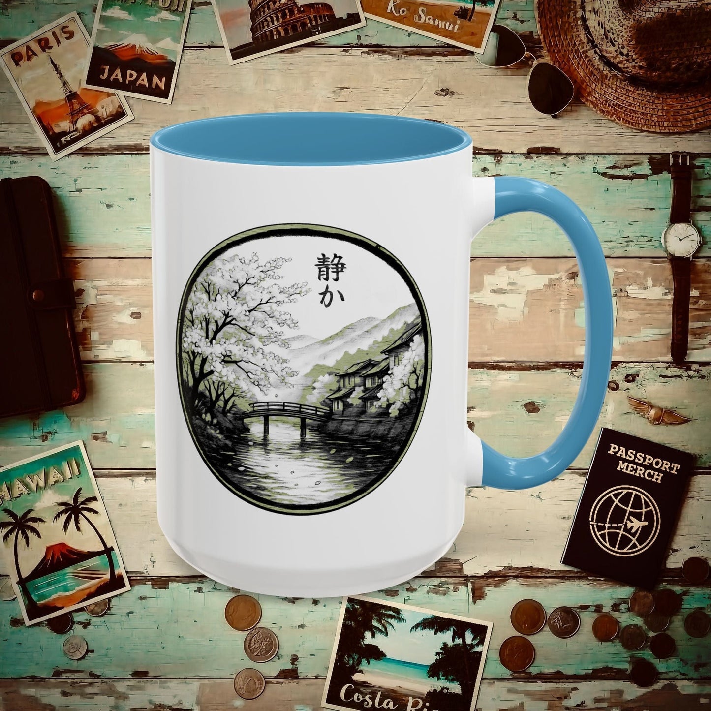 Monochrome Shizuka (Tranquil), Japan 15oz Mug Light Blue / 15oz