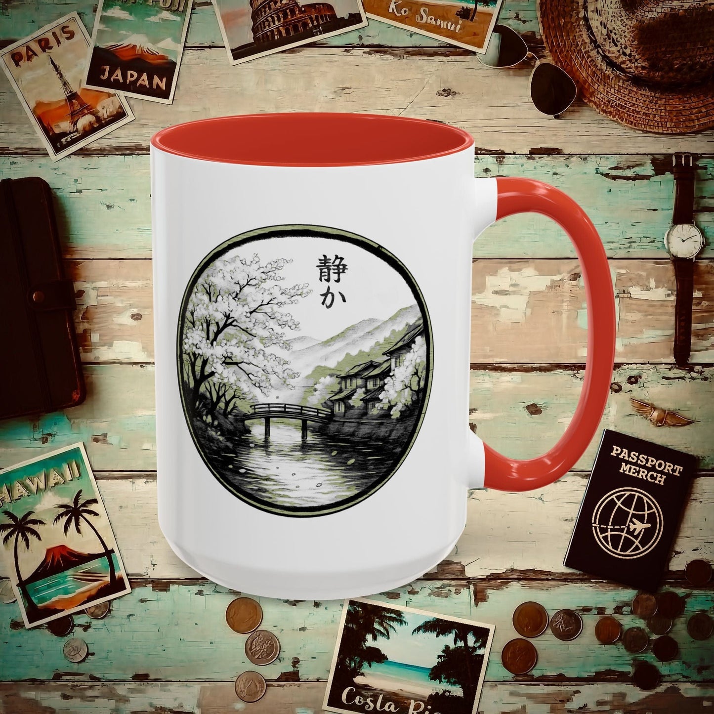 Monochrome Shizuka (Tranquil), Japan 15oz Mug Red / 15oz