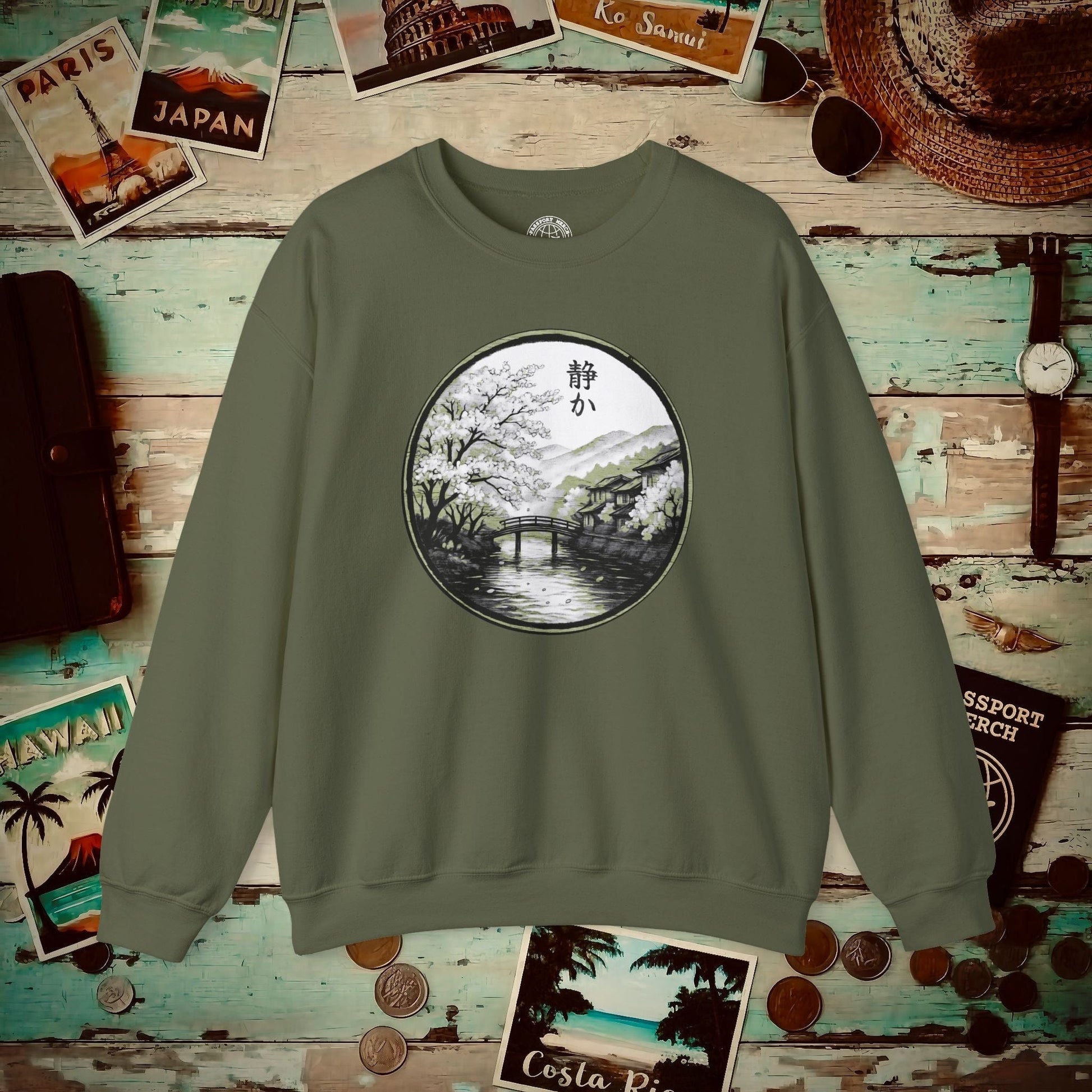 Monochrome Shizuka (Tranquil), Japan Crewneck Military Green / S