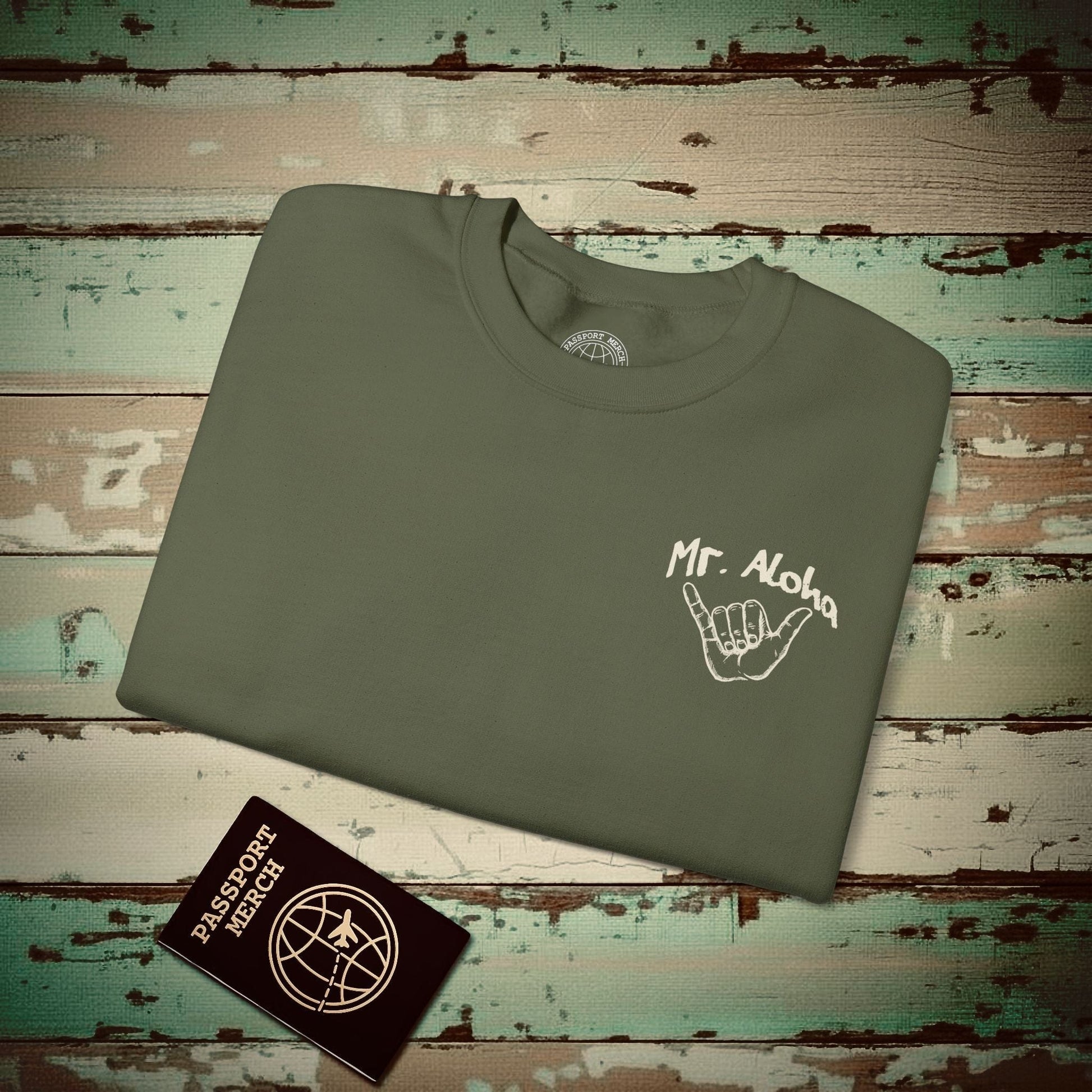 Mr. Aloha Shaka, Hawaii Crewneck Military Green / S