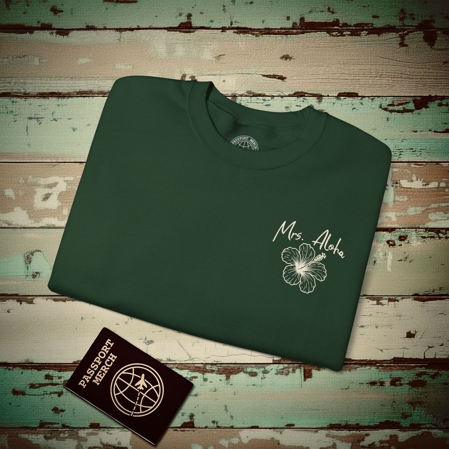 Mrs. Aloha Hibiscus, Hawaii Crewneck Forest Green / S