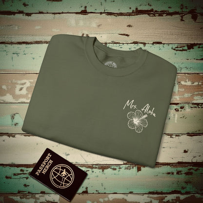 Mrs. Aloha Hibiscus, Hawaii Crewneck Military Green / S
