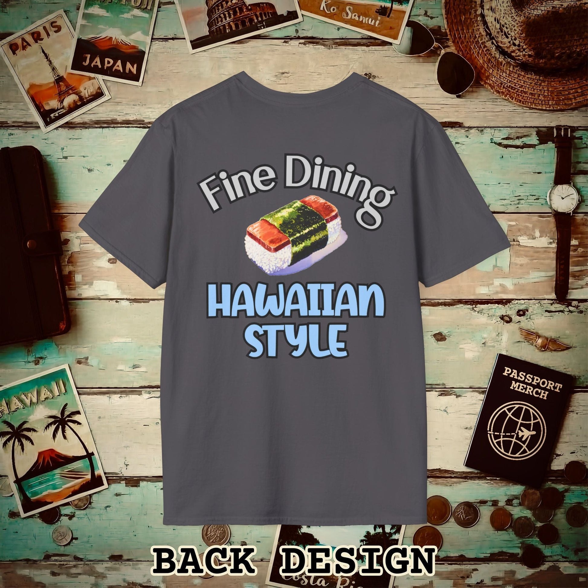 Musubi Fine Dining Hawaiian Style, Back Print T-Shirt Charcoal / S