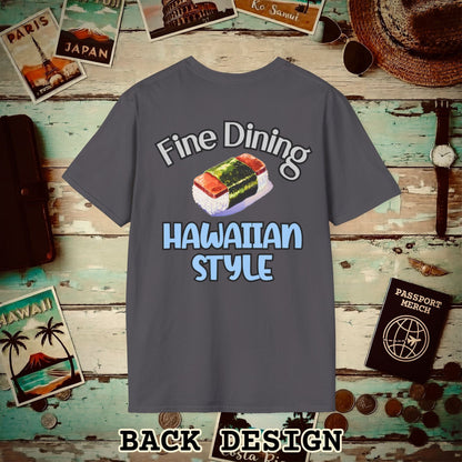 Musubi Fine Dining Hawaiian Style, Back Print T-Shirt Charcoal / S