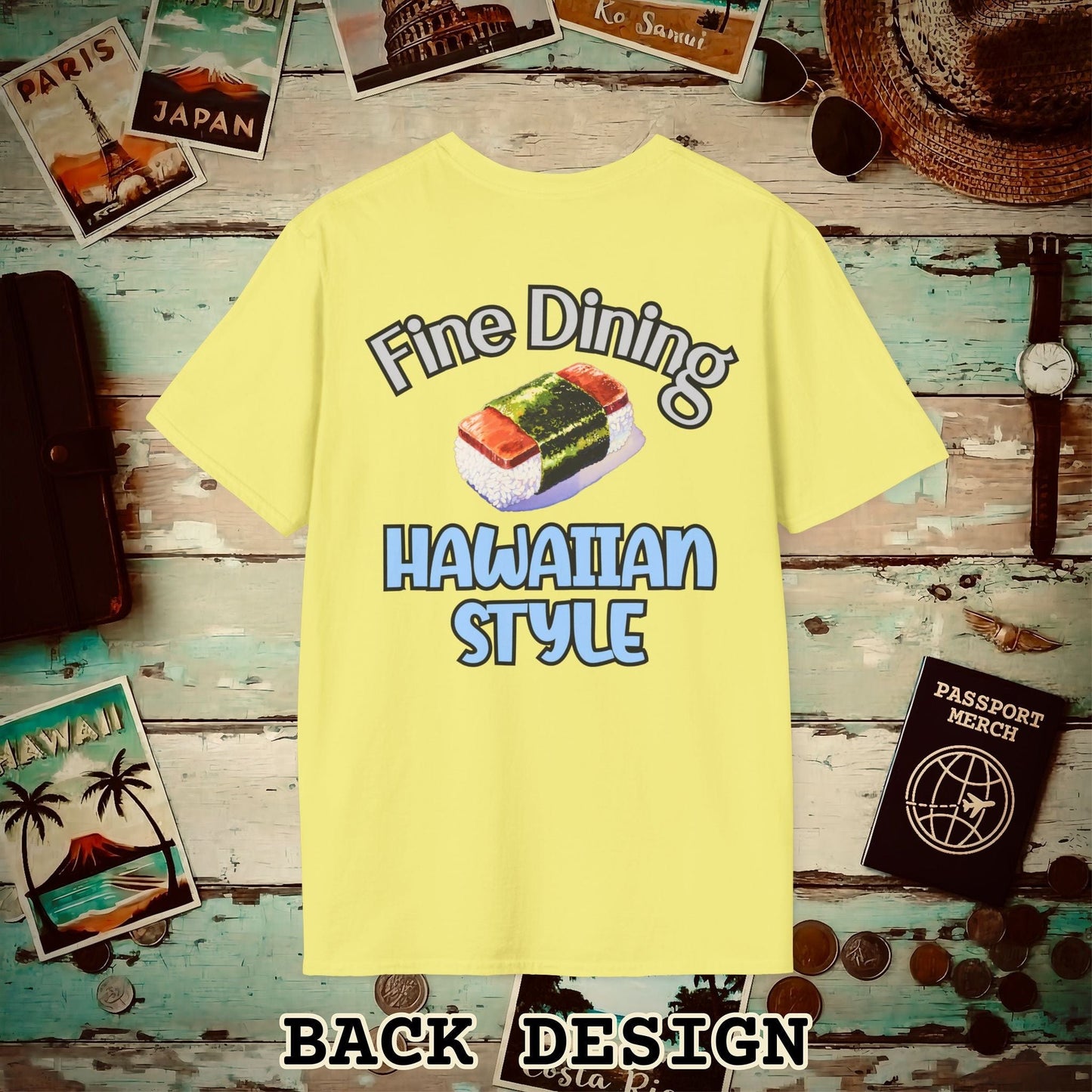 Musubi Fine Dining Hawaiian Style, Back Print T-Shirt Cornsilk / S