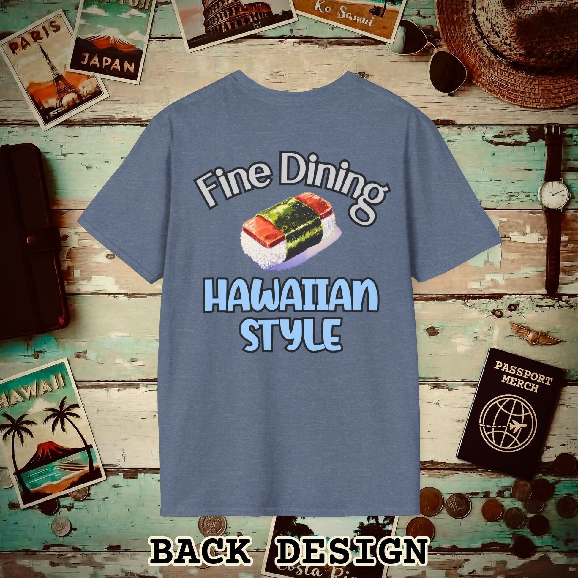 Musubi Fine Dining Hawaiian Style, Back Print T-Shirt Heather Indigo / S