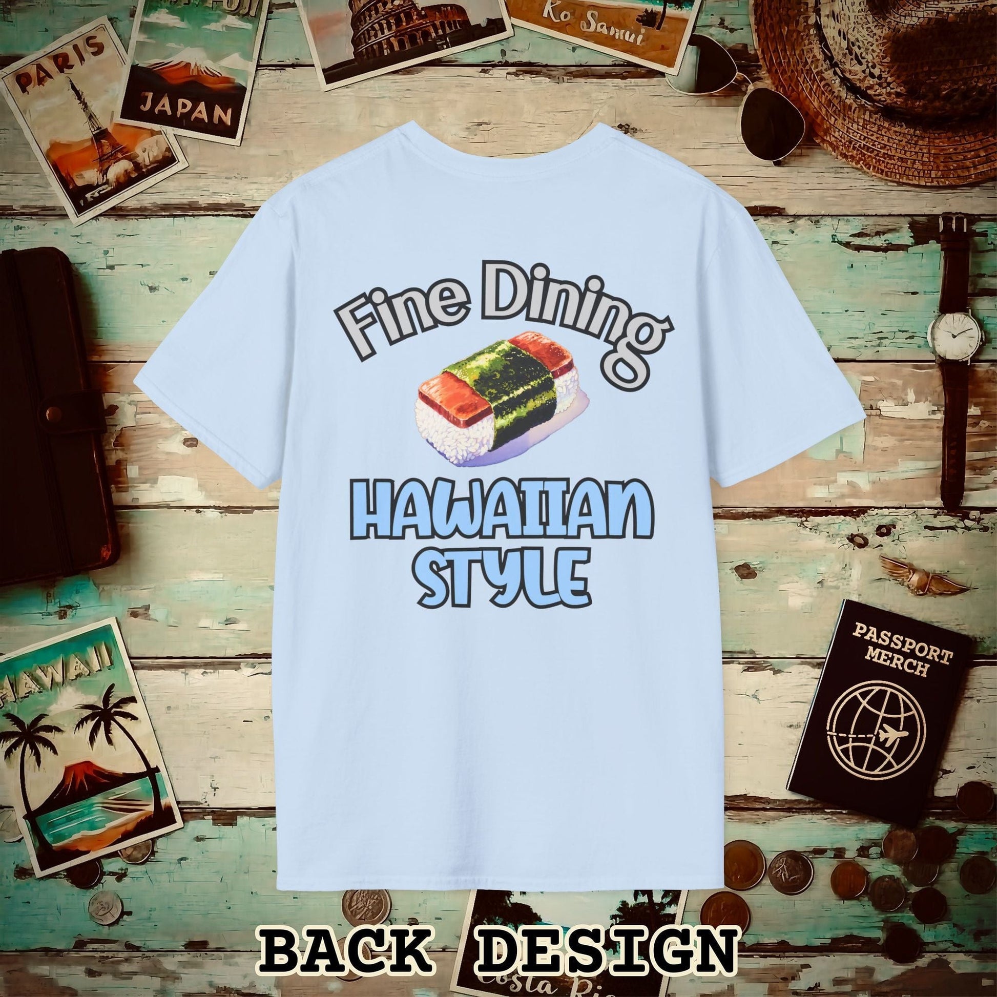 Musubi Fine Dining Hawaiian Style, Back Print T-Shirt Light Blue / S