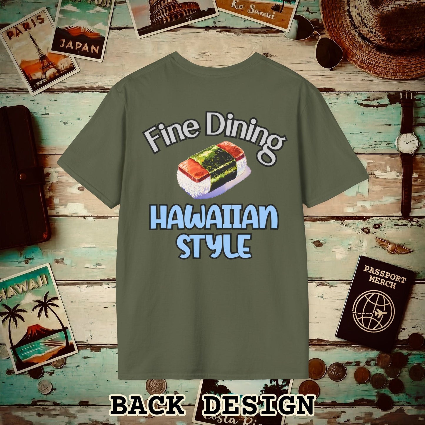 Musubi Fine Dining Hawaiian Style, Back Print T-Shirt Military Green / S