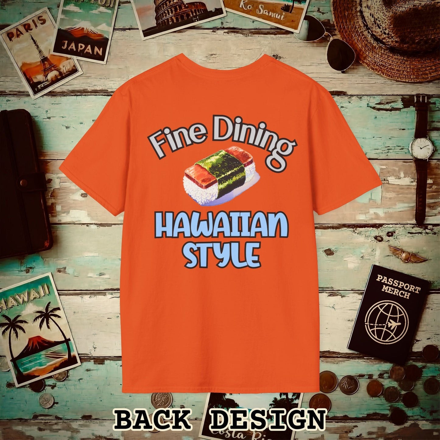 Musubi Fine Dining Hawaiian Style, Back Print T-Shirt Orange / S
