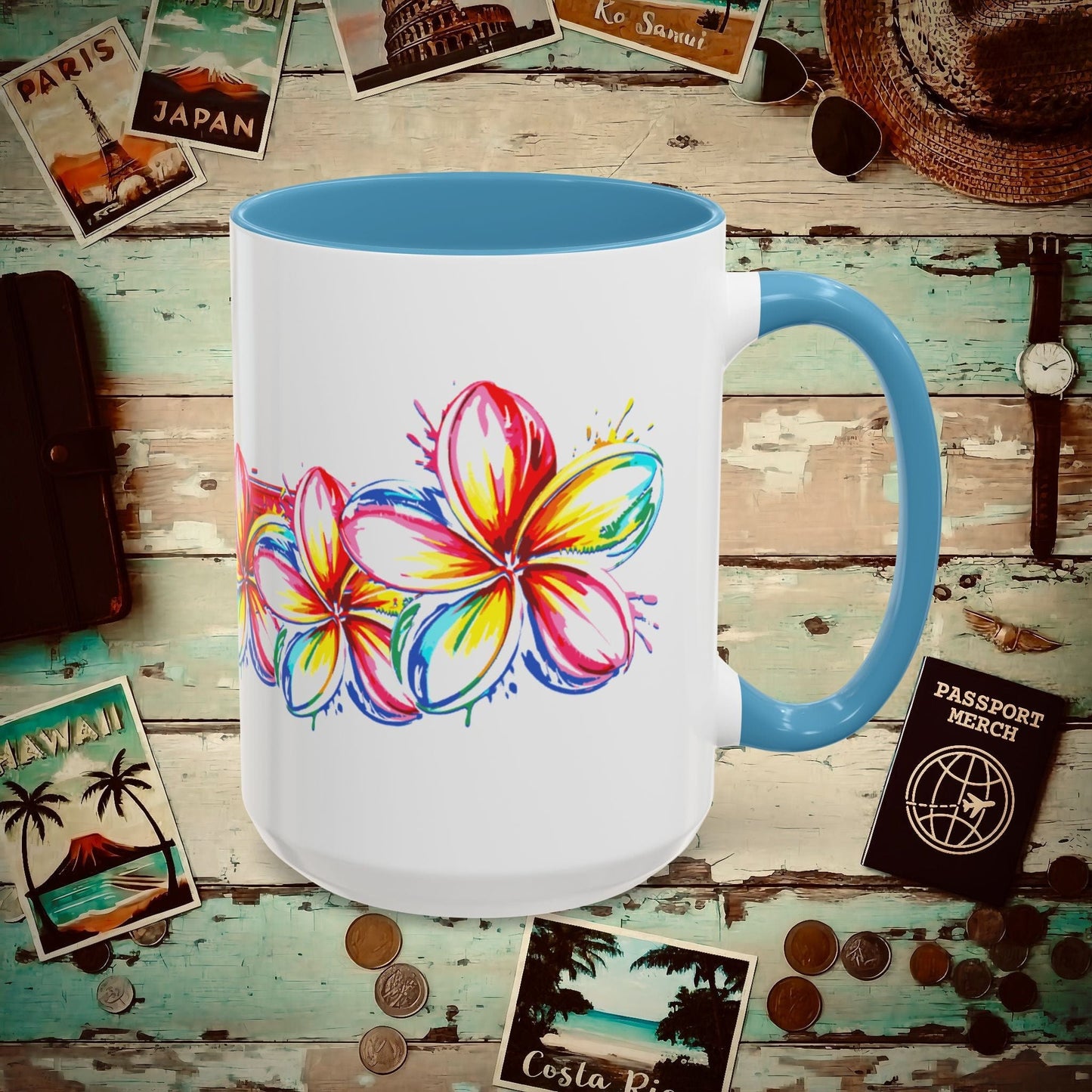 Neon Art Plumeria Rainbow, Hawaii 15oz Mug Light Blue / 15oz