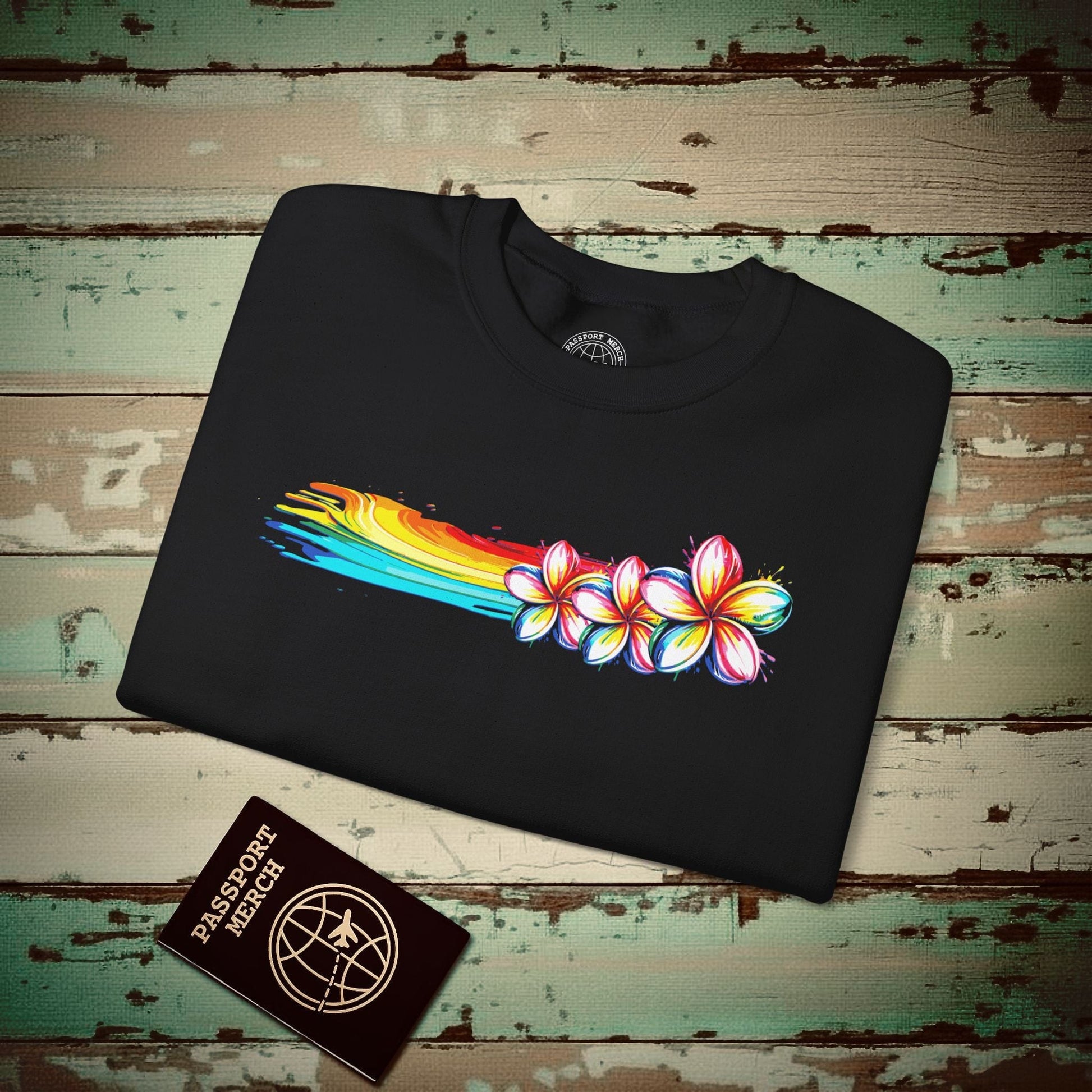 Neon Art Plumeria Rainbow, Hawaii Crewneck Black / S
