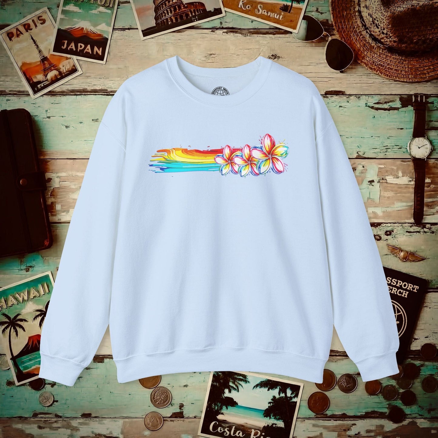 Neon Art Plumeria Rainbow, Hawaii Crewneck Light Blue / S