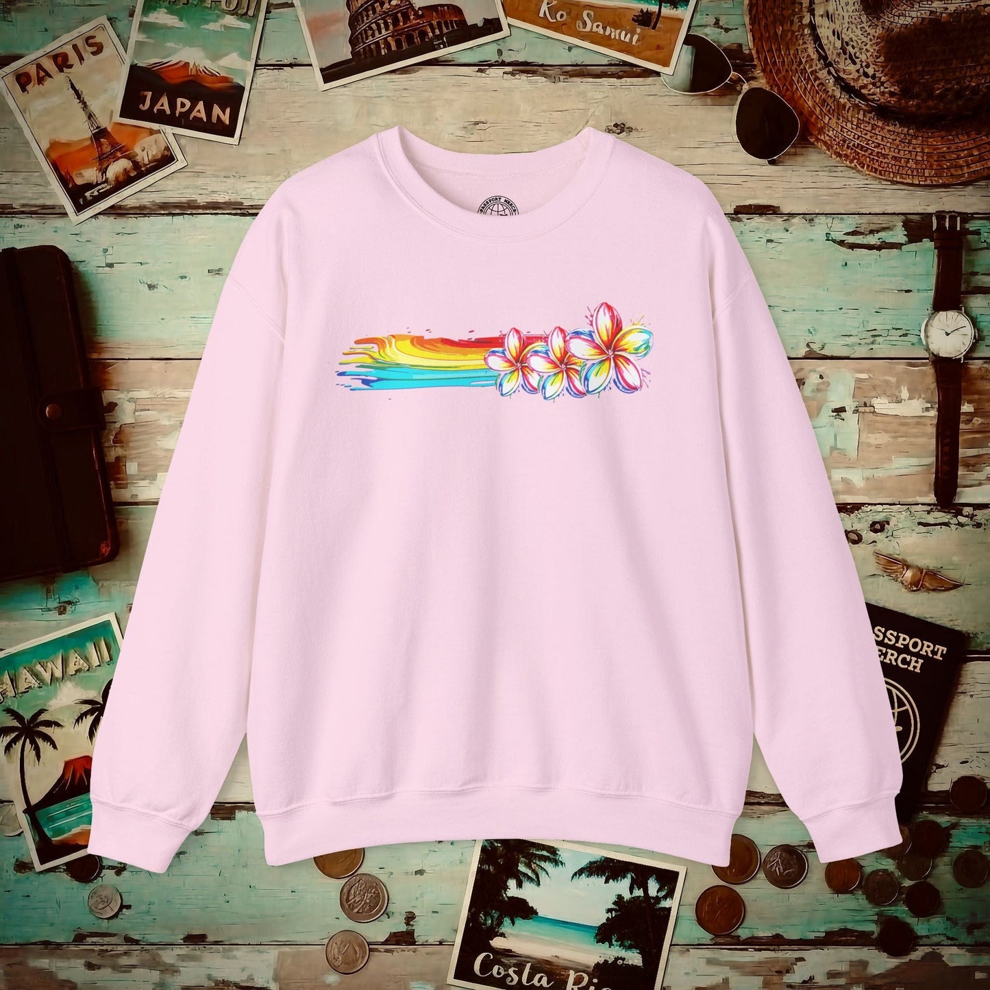 Neon Art Plumeria Rainbow, Hawaii Crewneck Light Pink / S