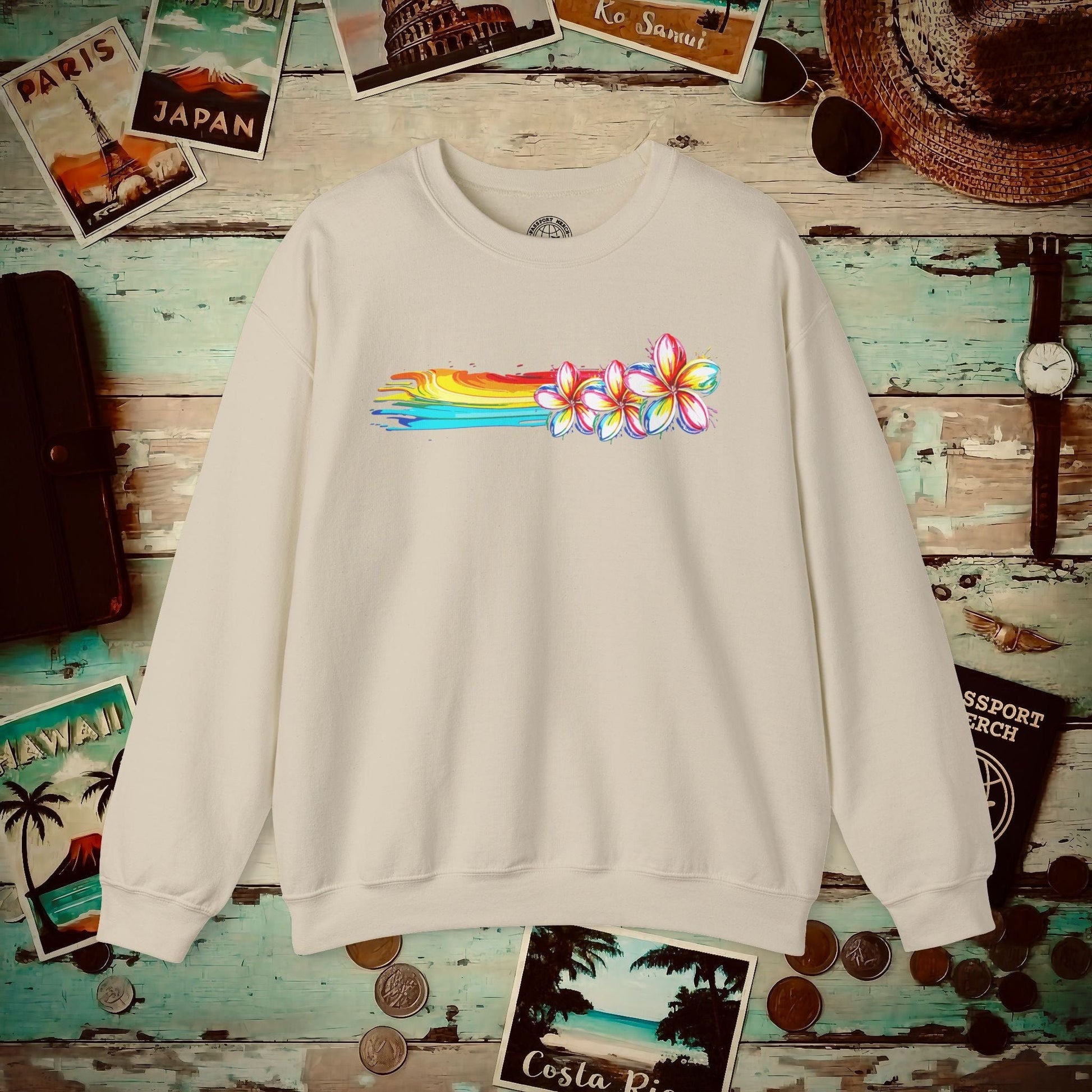 Neon Art Plumeria Rainbow, Hawaii Crewneck Sand / S