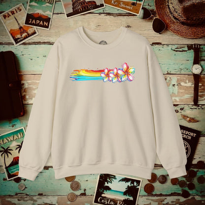 Neon Art Plumeria Rainbow, Hawaii Crewneck Sand / S