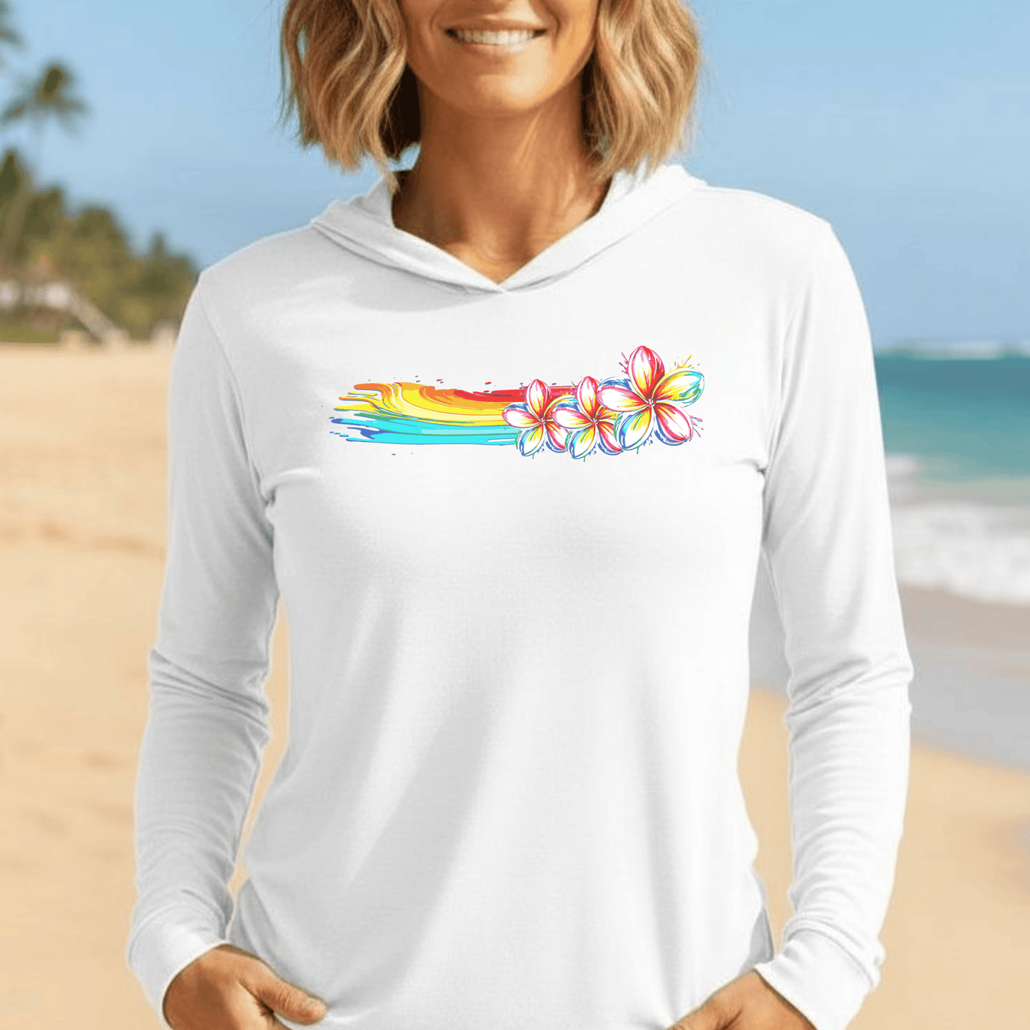 Neon Art Plumeria Rainbow, Hawaii Hooded Long Sleeve White / XS
