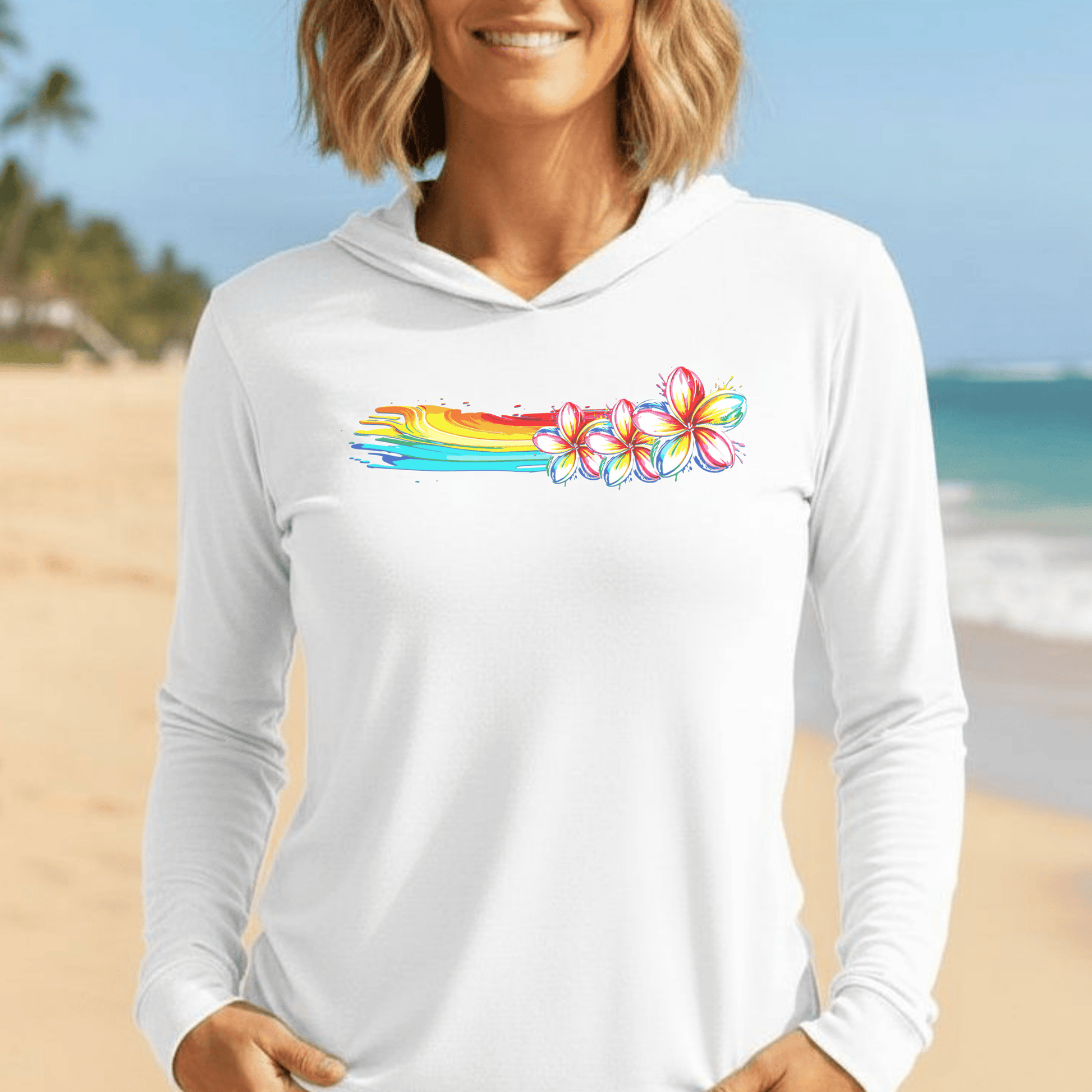 Neon Art Plumeria Rainbow, Hawaii Hooded Long Sleeve White / XS