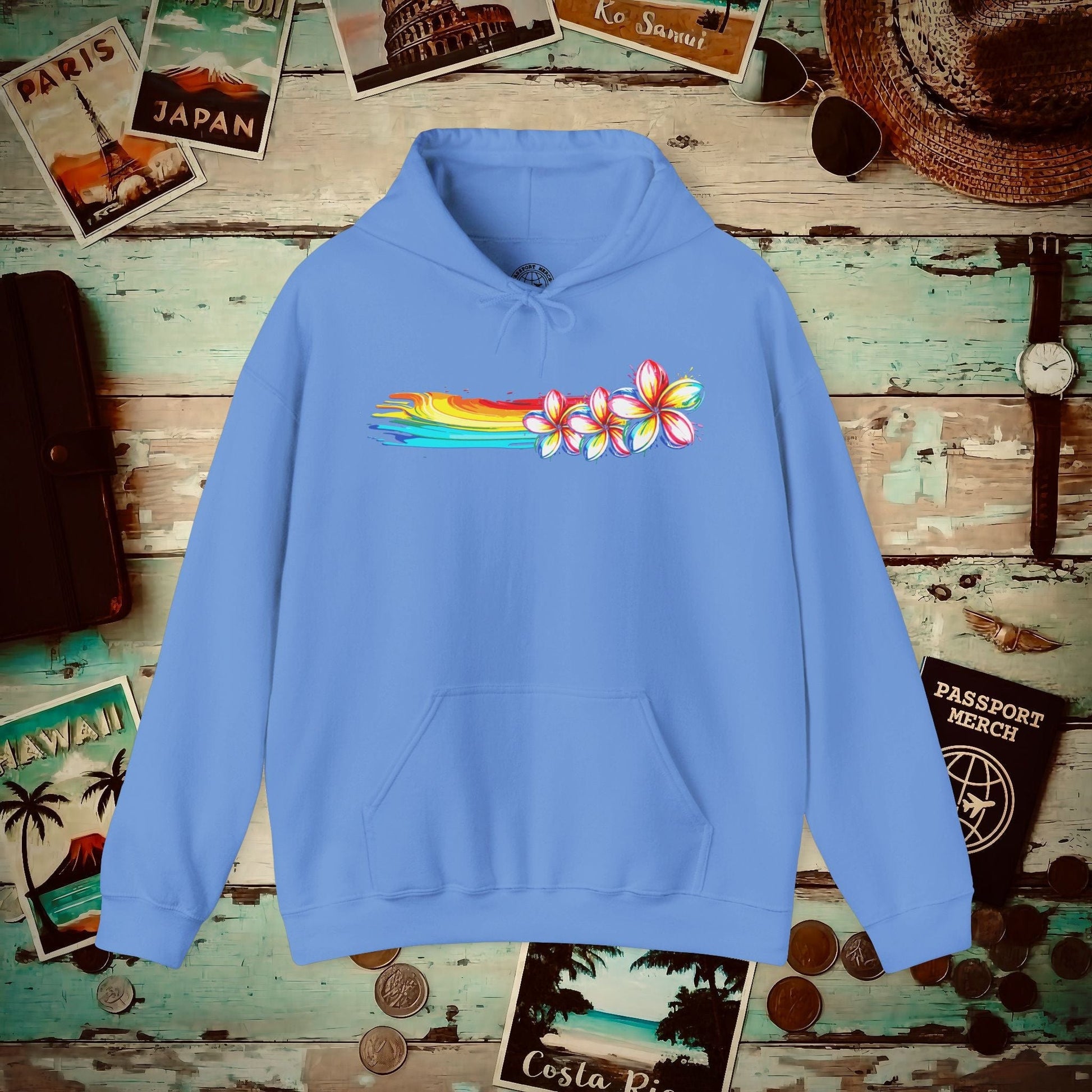 Neon Art Plumeria Rainbow, Hawaii Hoodie Carolina Blue / S