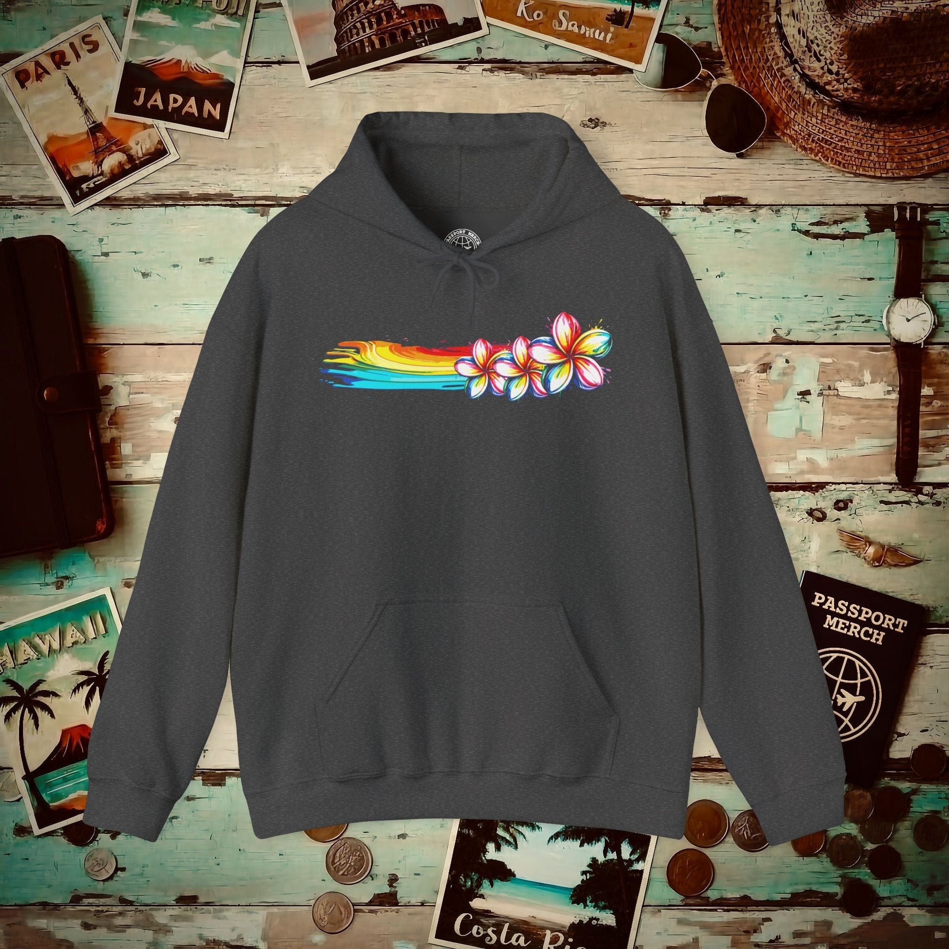Neon Art Plumeria Rainbow, Hawaii Hoodie Dark Heather / S